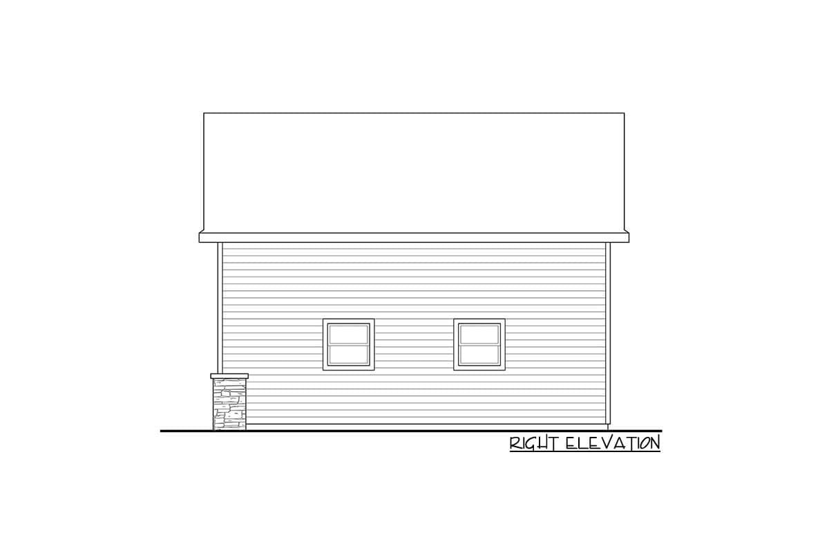 Right elevation of a house plan featuring horizontal siding and two windows with a stone-clad corner accent.