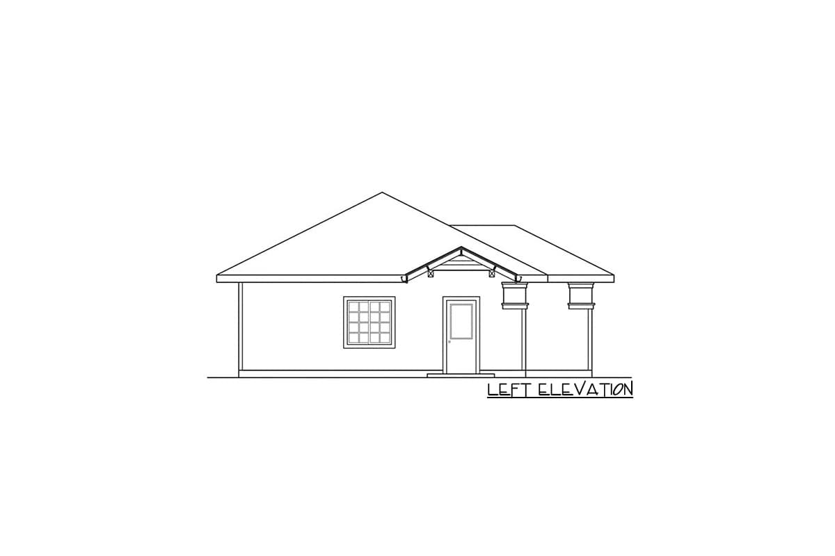 Left elevation drawing of a one-story house with a gabled roof, covered entry with columns, and a grid window.