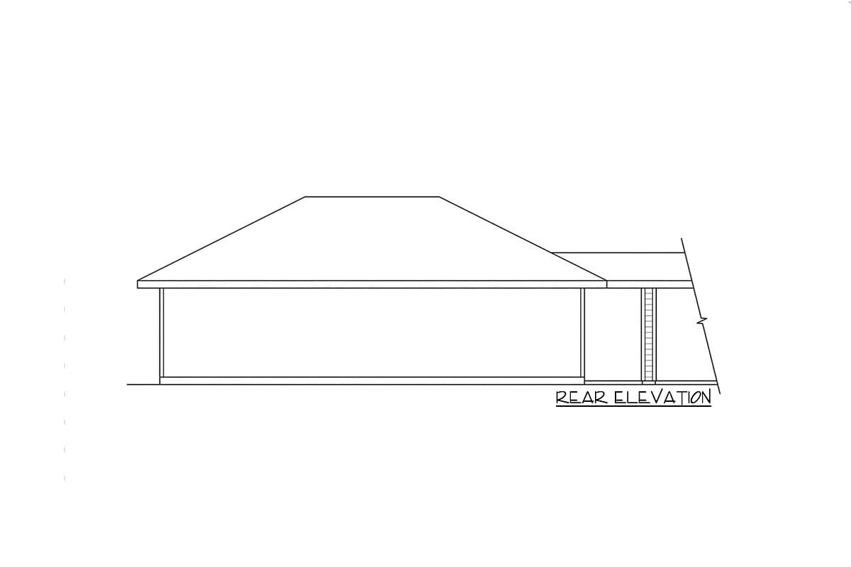 Rear elevation drawing of a house plan showing a prominent hip roof and a smaller attached section.