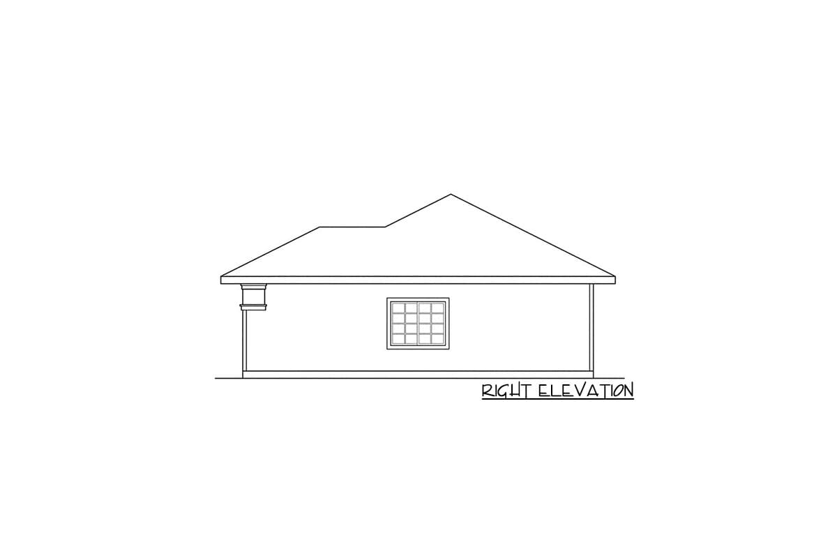 Right elevation drawing of a house plan, showing a single story with a hip roof and one window.