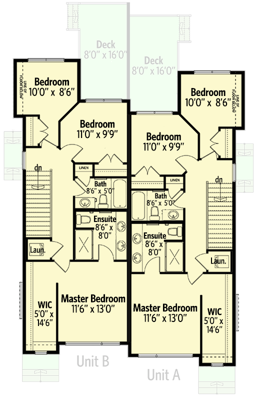 Plan 81816AB: Modern Duplex House Plan with Matching 1522 Square Feet 3 Bedroom 2 Bath Units - Floor Plan - 2nd Floor - Contemporary, Modern, Northwest