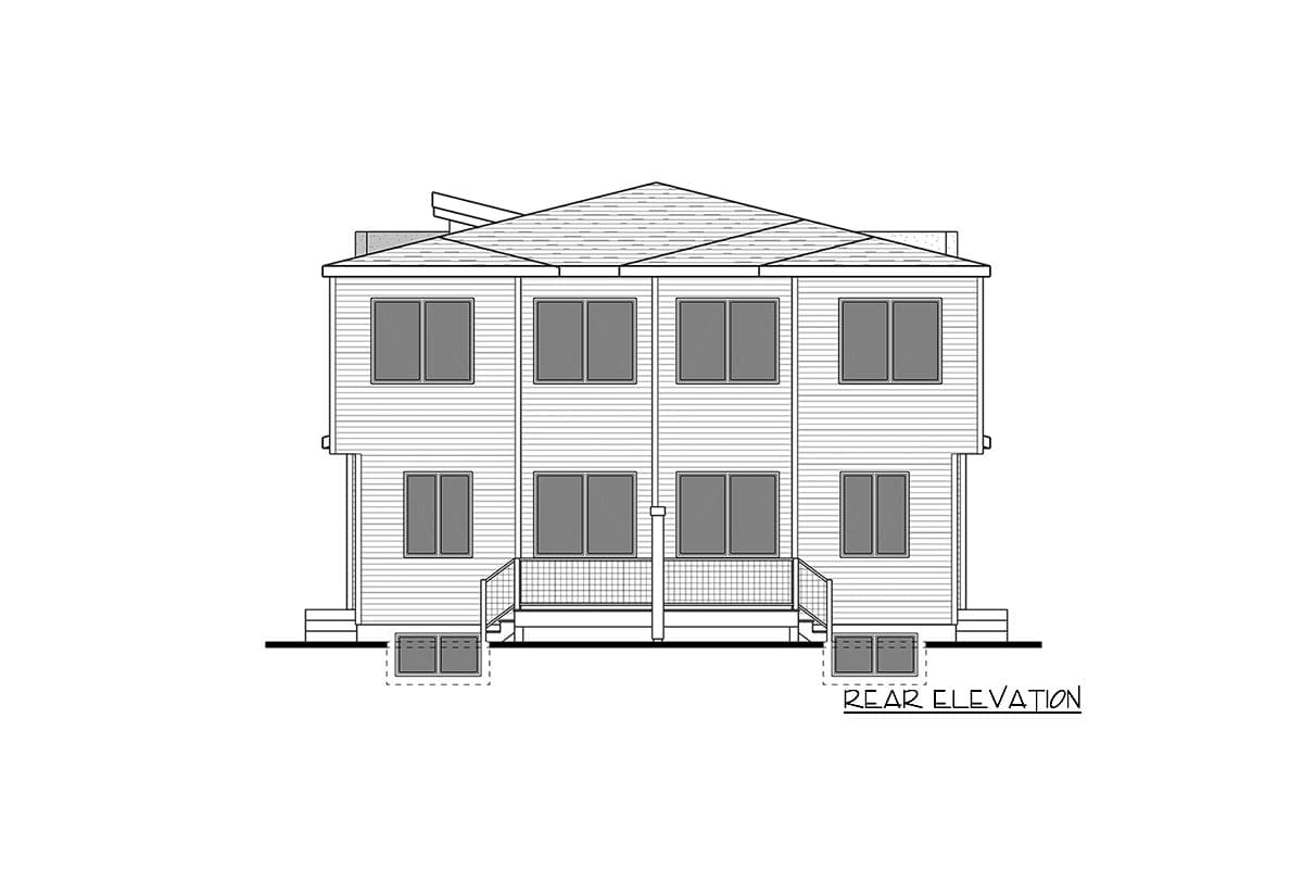 Rear elevation of a two-story house plan with symmetrical window placement, horizontal siding, and a complex roofline.