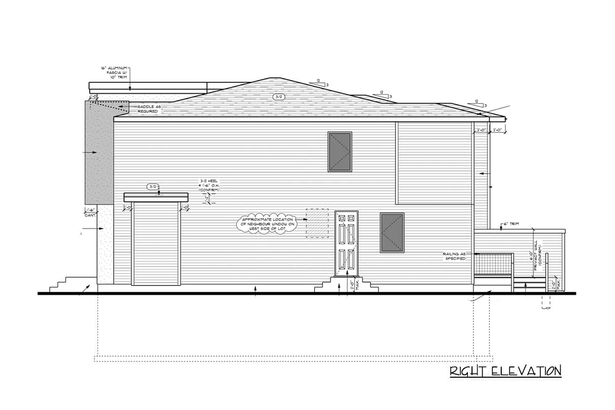 Architectural house plan, right elevation view. Two stories, siding, gable roof, central door, two windows, and a side porch.