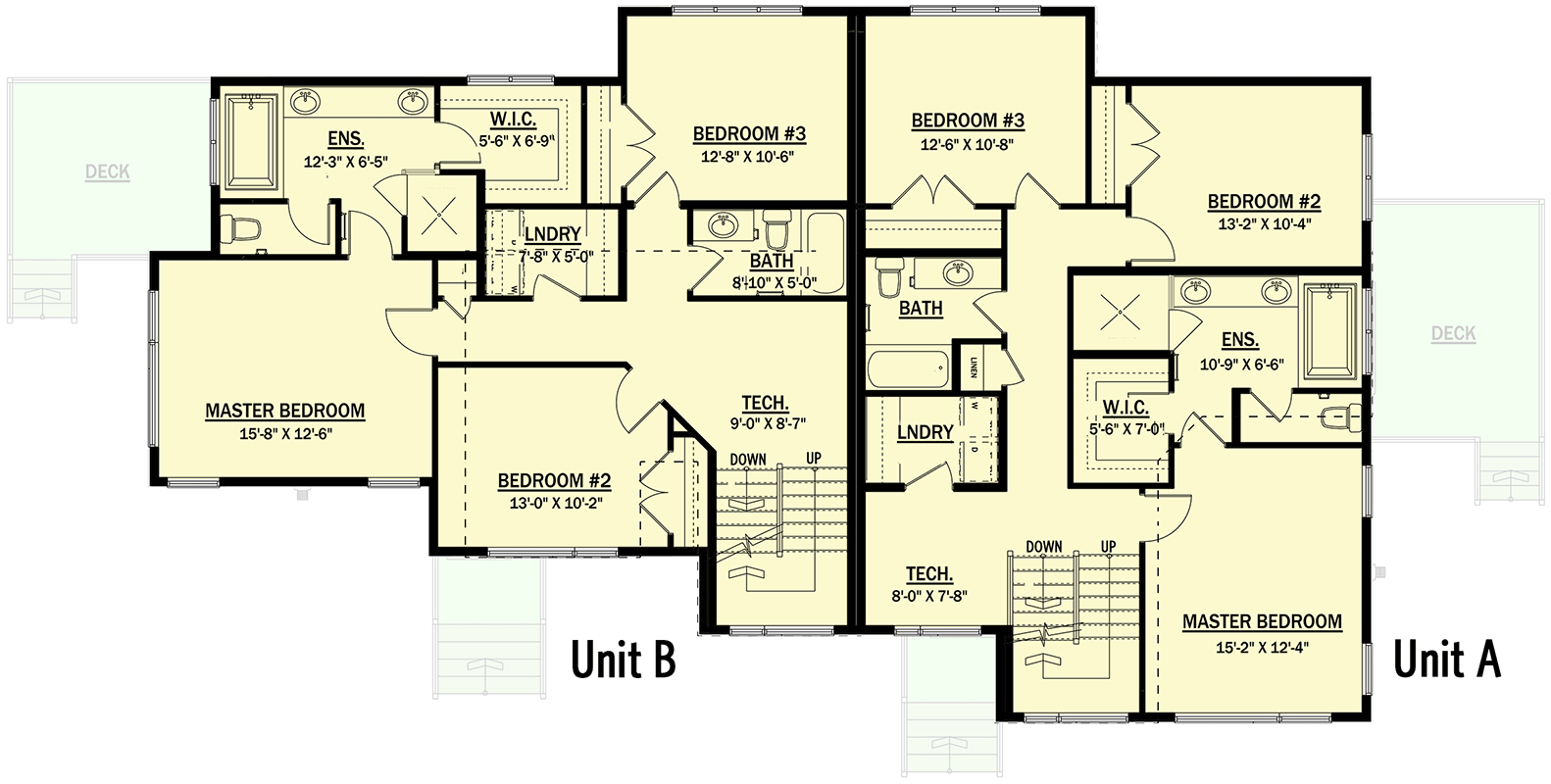 Plan 81817AB: 3-Story Modern Duplex with Asymmetrical 3-Bed Units - Floor Plan - 2nd Floor