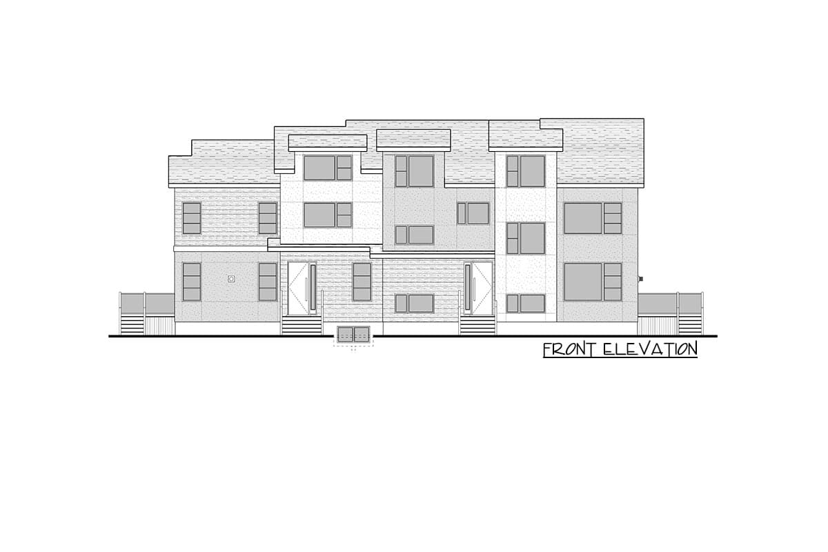 Front elevation drawing of a multi-unit modern house plan with varied rooflines and window arrangements.