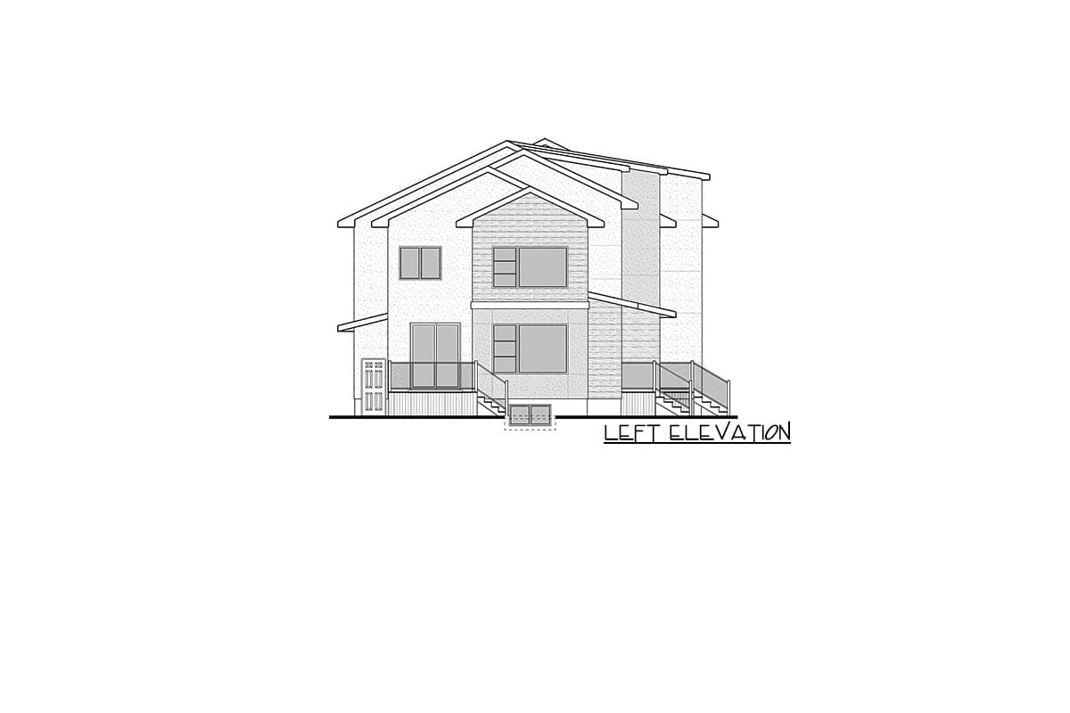 Left elevation drawing of a two-story house with multiple gables, a balcony, and two sets of stairs.