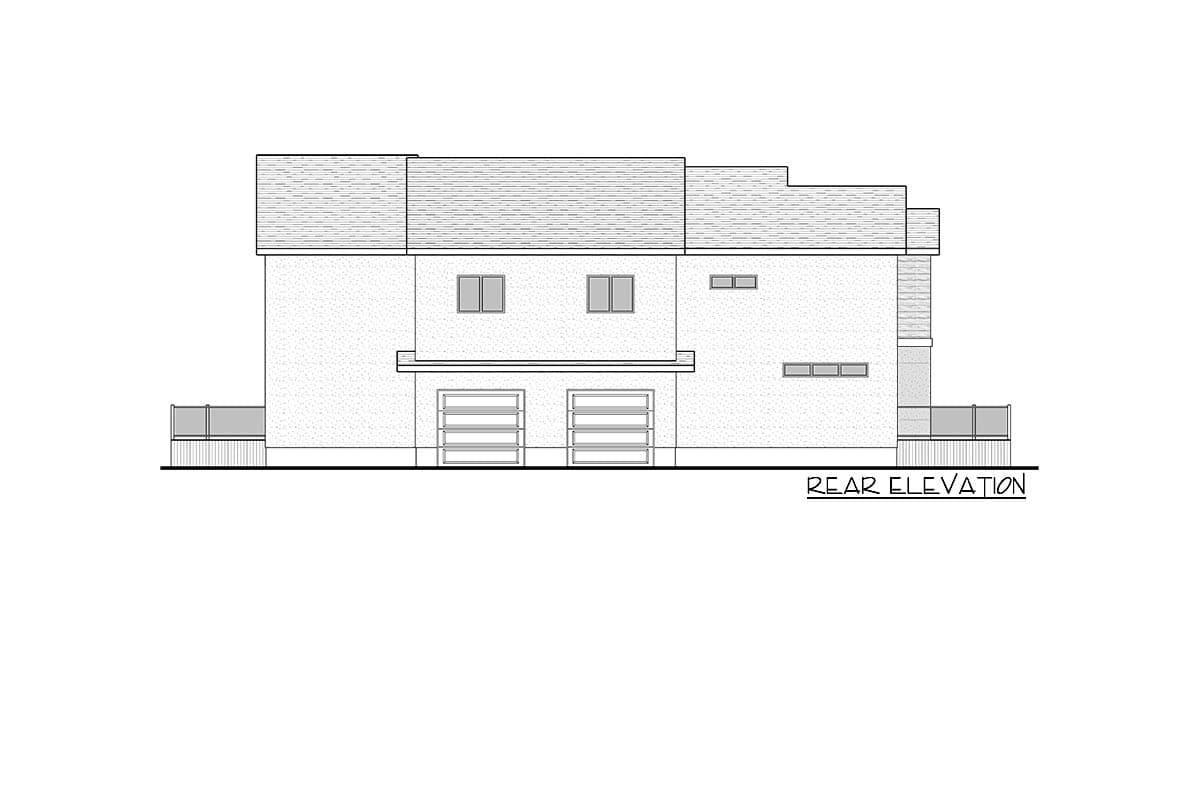 Rear elevation drawing of a house plan with a two-car garage, upper-level windows, and a deck.