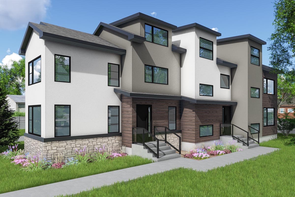 House plan exterior featuring a modern style with stone base, wood siding, multiple gables, and large windows.