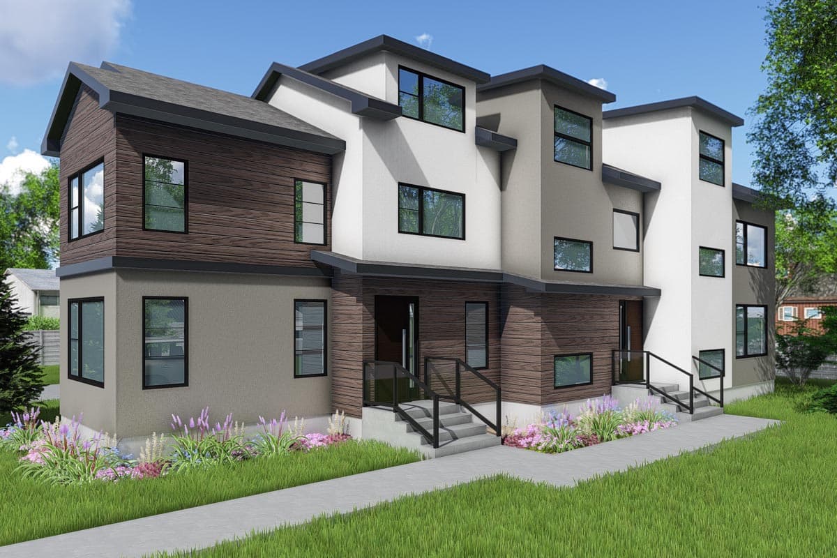 Modern townhouse exterior with wood siding accents, numerous windows, and flat rooflines.