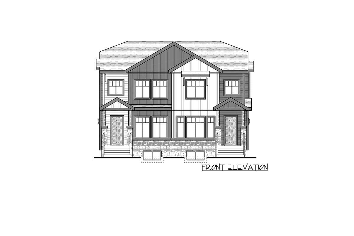 Front elevation drawing of a two-story duplex with gables, covered porches, and stone base.