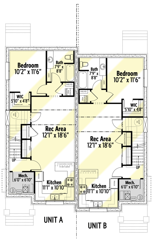 Plan 81818AB: New American Duplex House Plan with 1700 Square Foot Units - Floor Plan - Optionally Finished Lower Level - Craftsman, New American, Northwest, Transitional