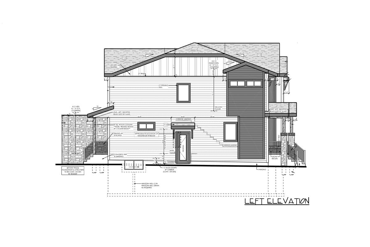 Left elevation house plan with stone foundation, wood columns, multiple gables, dormers, and a balcony.