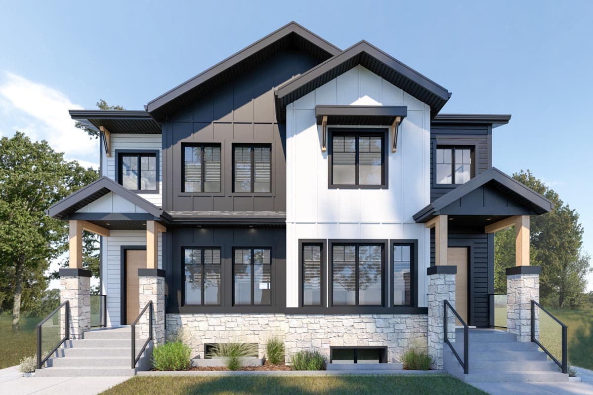 House plan exterior. Two-story Modern Farmhouse design featuring multiple gables, covered entry porches, and board-and-batten siding.