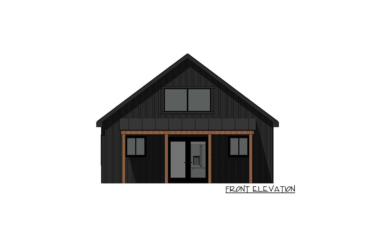 Front elevation drawing of a modern barn-style house plan with a prominent gable roof, entry porch, and multiple windows.