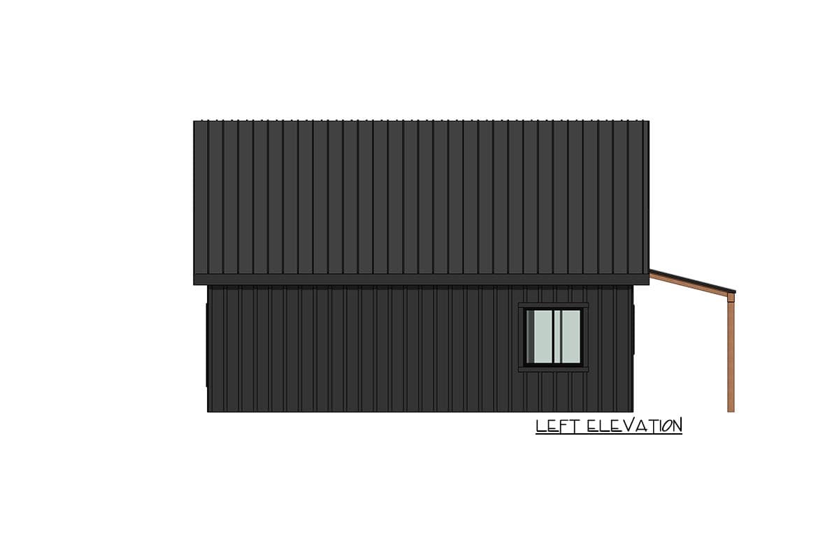 Left elevation drawing of a modern house plan with dark vertical siding, metal roof, and a single window.