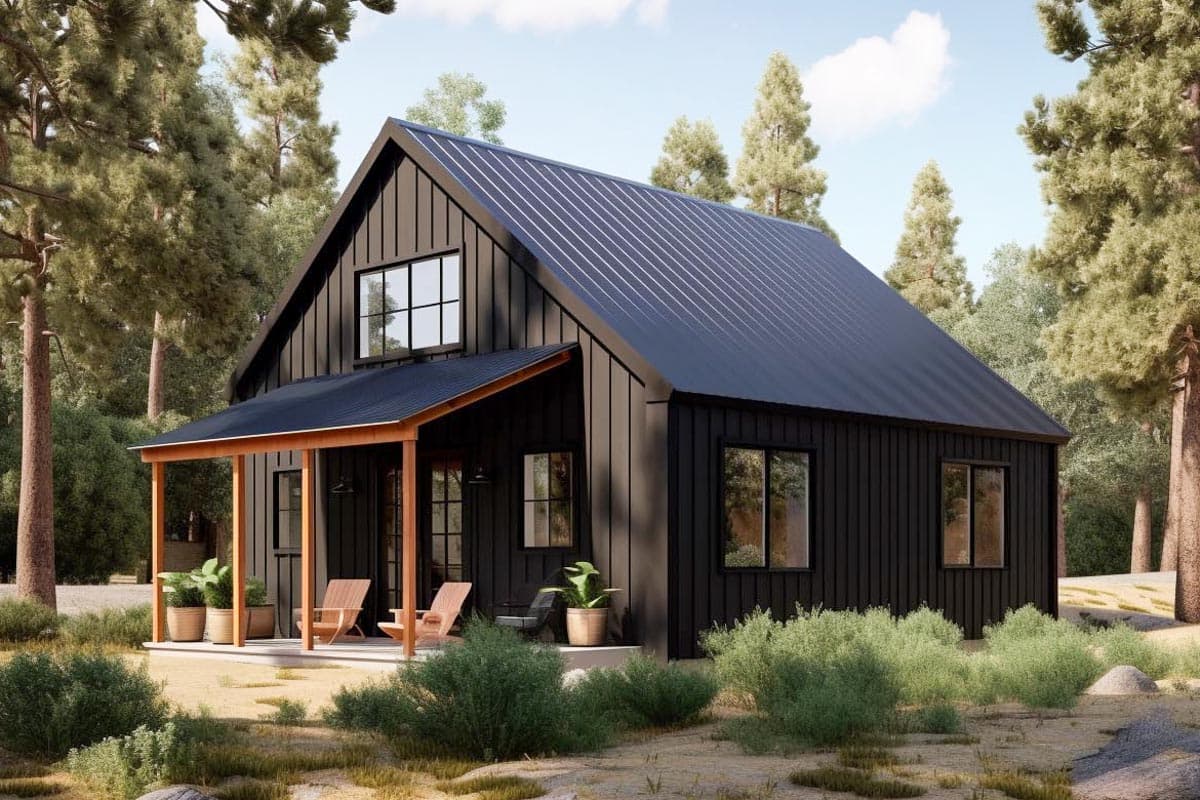 House plan exterior. Modern farmhouse style with a single story, metal roof, covered porch, and board-and-batten siding.