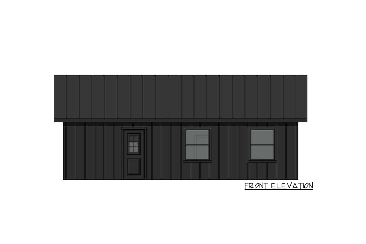 Front elevation drawing of a one-story house with board and batten siding, metal roof, and three windows.