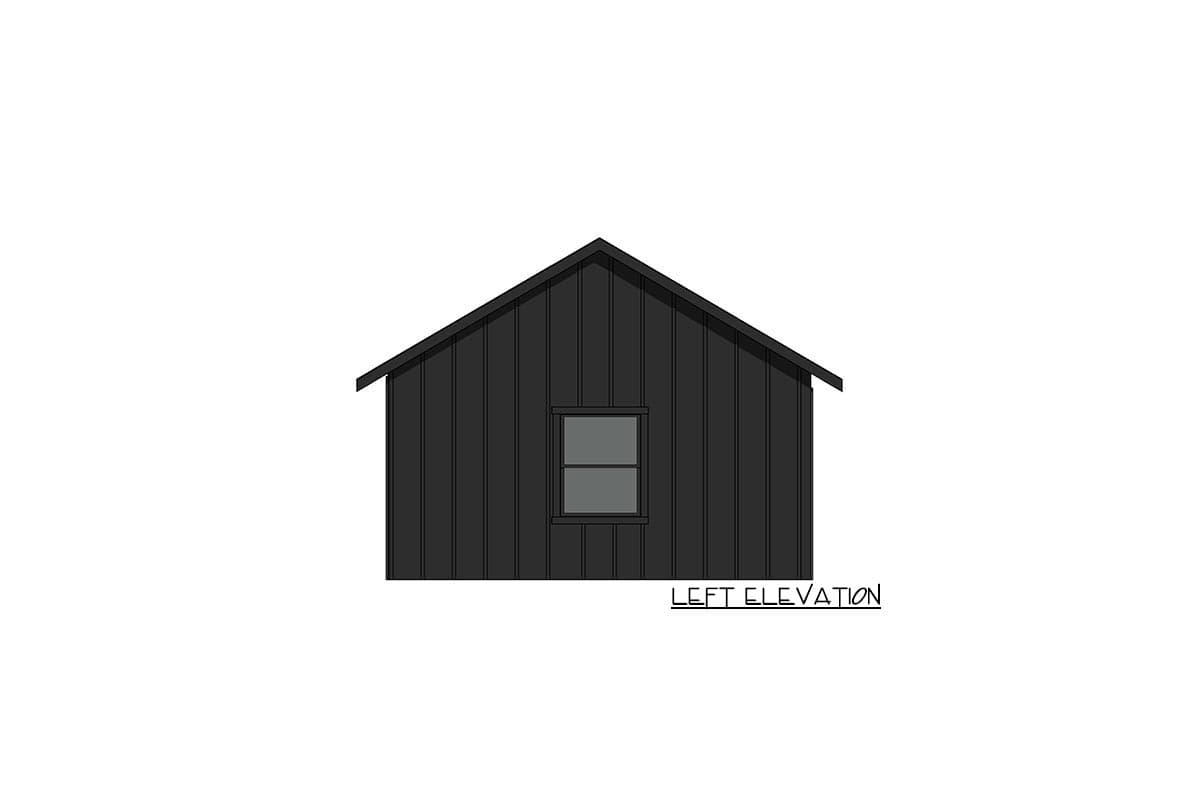 Left elevation drawing of a house with vertical siding, a gable roof, and one window.