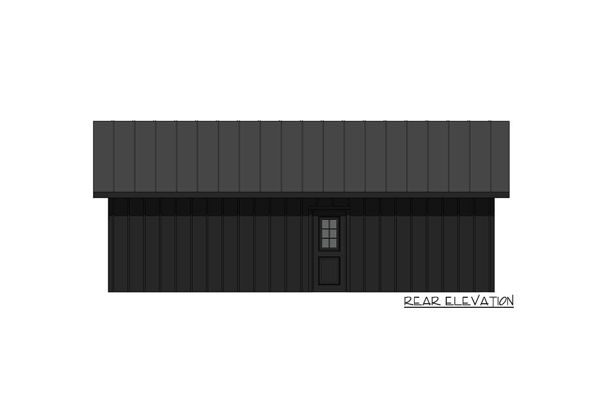 Rear elevation drawing of a house plan with vertical siding and a multi-pane window above a door.