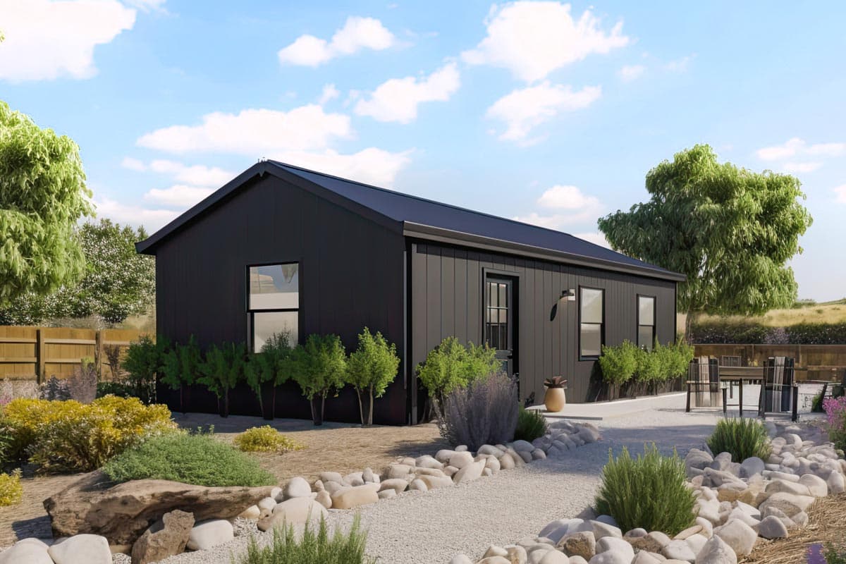 House plan exterior. One-story modern house with a gable roof, board-and-batten siding, and minimal windows. Includes a small front porch.