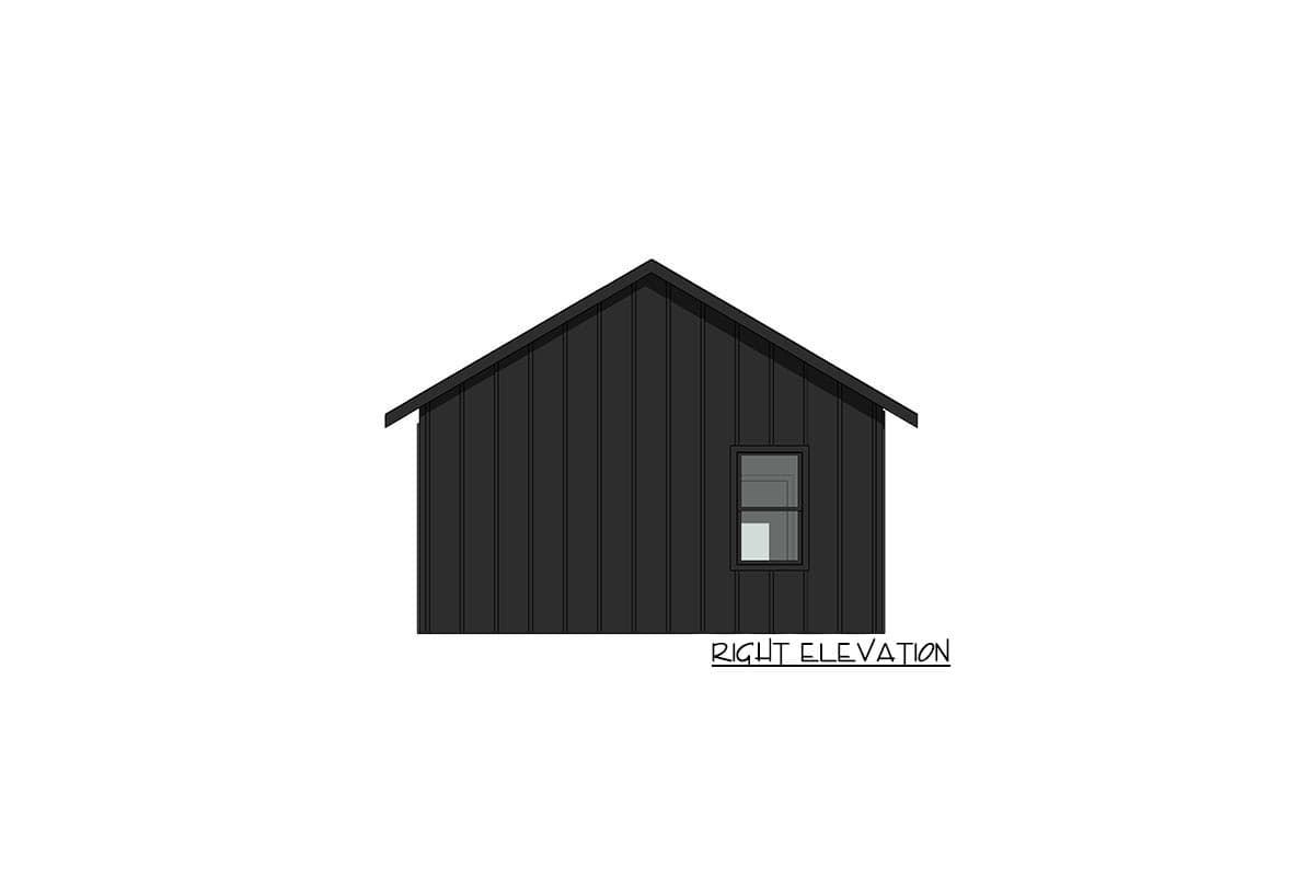 Right elevation house plan with vertical siding, gable roof, and one window.