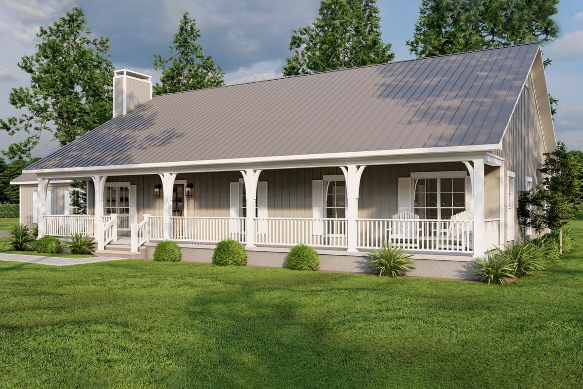 House plan exterior of a one-story home with a wrap-around porch, metal roof, and prominent chimney.