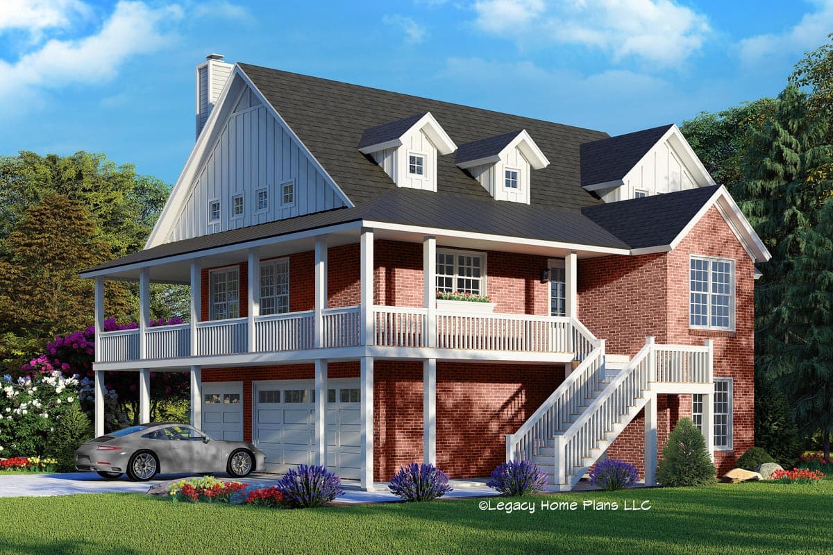 House plan exterior with Craftsman style, two stories, front porch, dormers, and a gabled roofline. Includes a two-car garage.