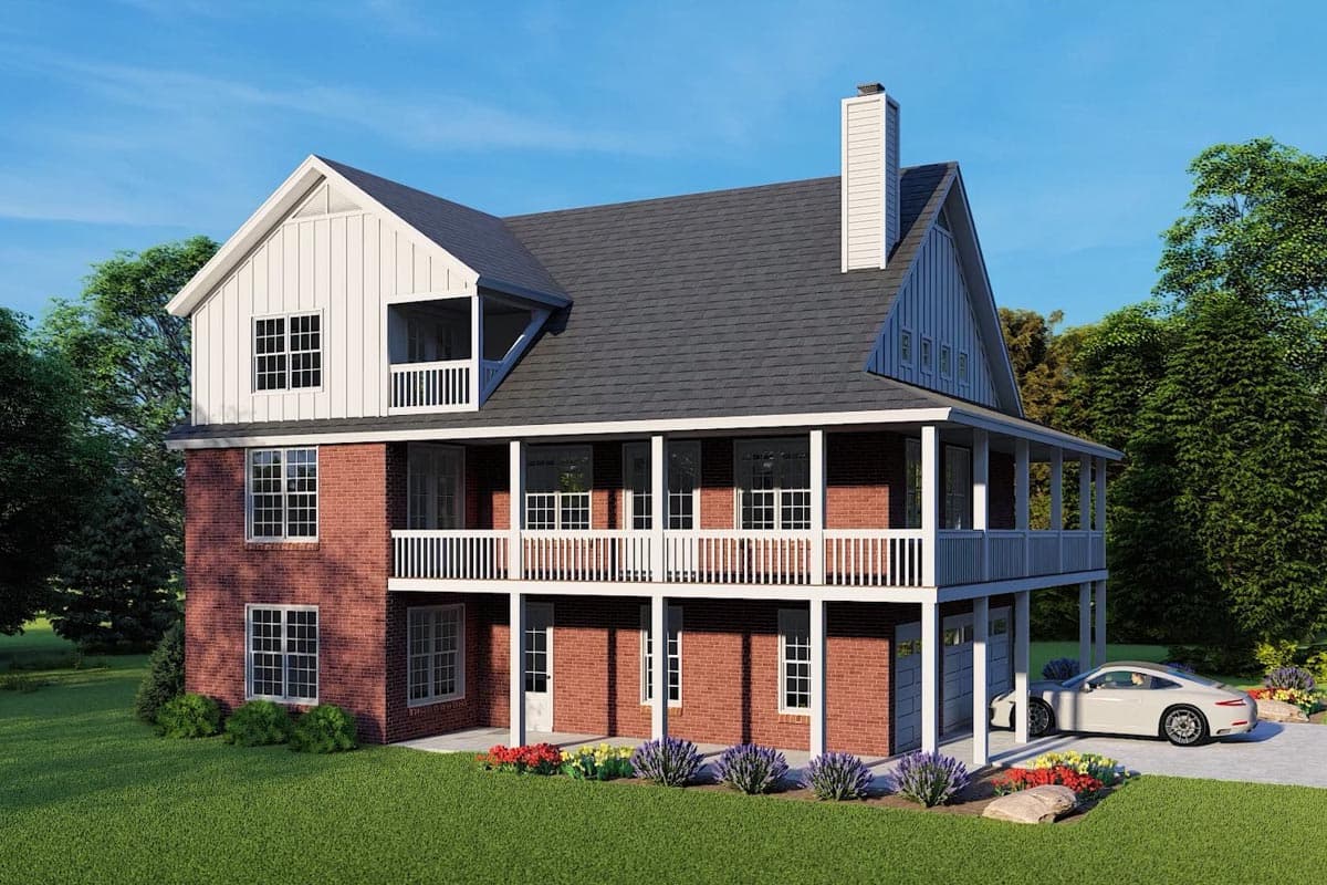 House plan exterior, two stories, brick facade, wrap-around porches, gabled dormers, and side-entry garage.