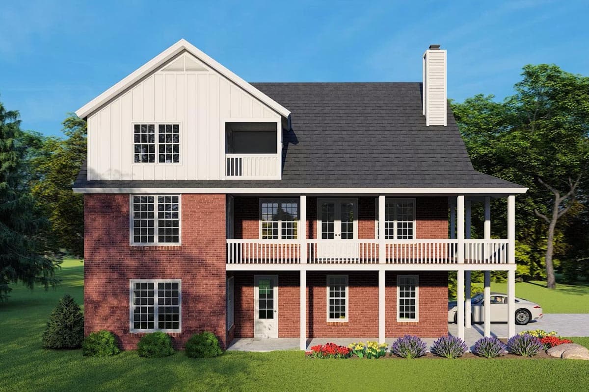 House plan exterior: two-story brick home with a wraparound porch, gabled dormer, and prominent chimney.