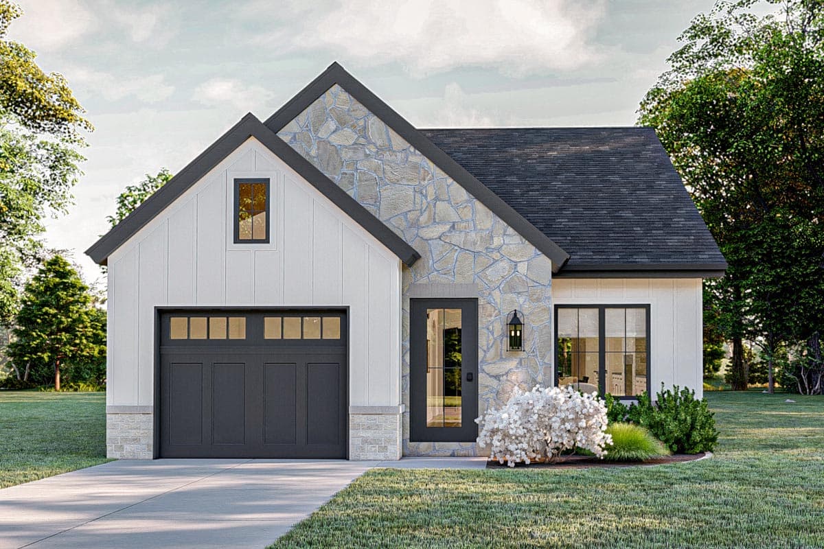 House plan exterior with stone accents, board-and-batten siding, and a gabled roof. Features a two-car garage and entry door with sidelights.