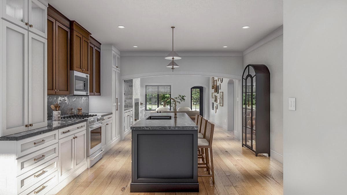 Interior rendering of a kitchen with a large island, two-tone cabinetry, and an open view to a dining area.
