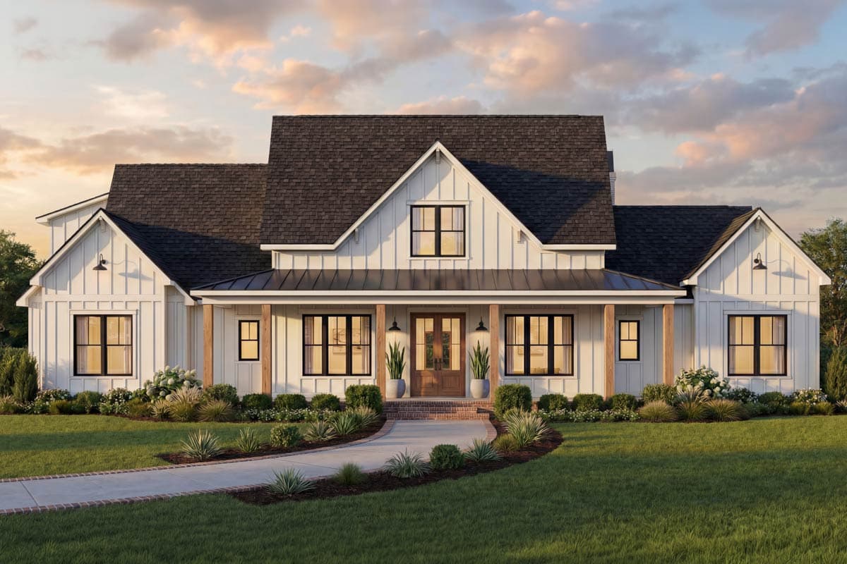 House plan exterior featuring a two-story farmhouse style with a front porch, gables, and vertical siding. Features black-framed windows.