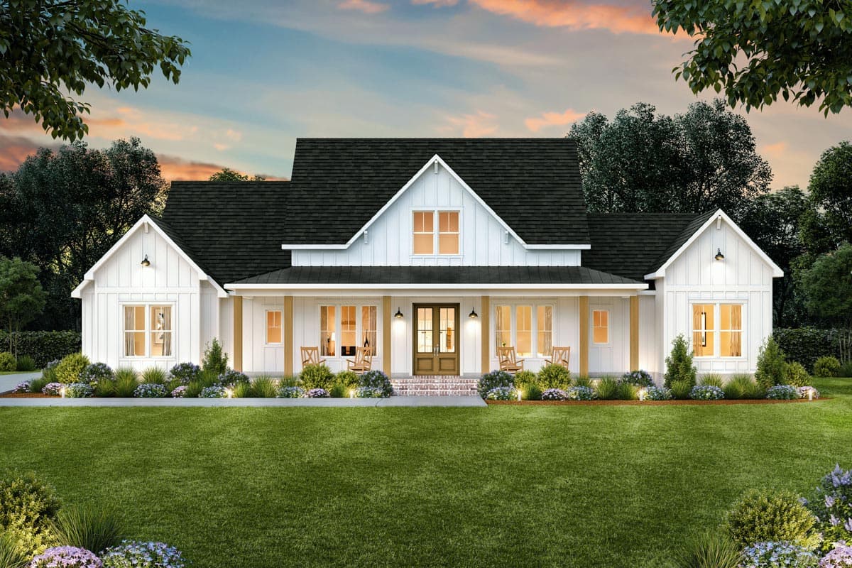 House plan exterior. Farmhouse style, one-story. Features include a covered porch with exposed beams, gabled dormers, and a dark shingle roof.