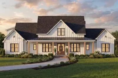 3-Bed Modern Farmhouse Plan Under 2300 Square Feet with Balanced Exterior