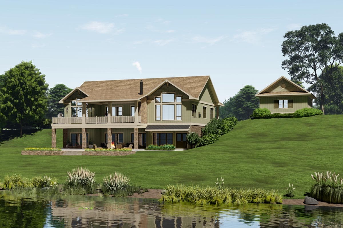 House plan exterior of a two-story Modern Farmhouse with a wrap-around deck, multiple gables, and large windows.