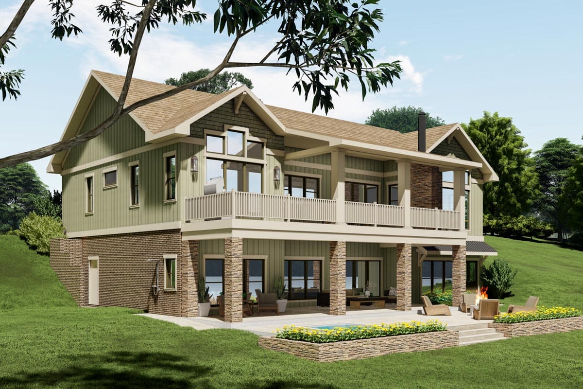 Craftsman style house plan exterior with two stories, a wraparound deck, stone accents, and multiple gables.