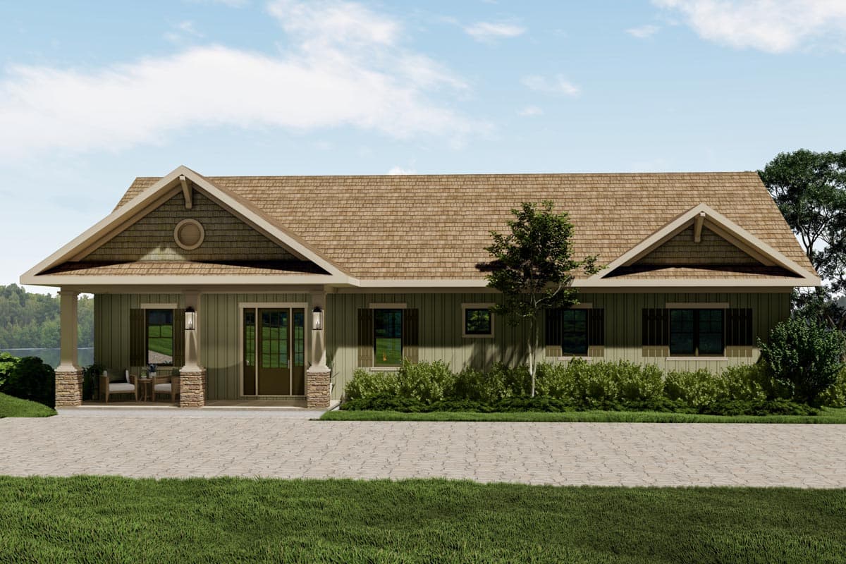 House plan exterior with Craftsman-style elements. Features include a front porch with stone columns, gables, and a shingle roof.