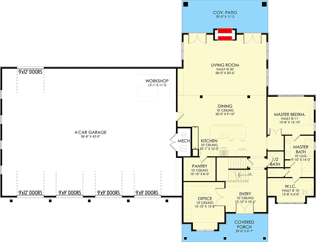 Plan 490110NAH: Modern Barndominium-Style House Plan with 4-Car Garage and Workshop - Floor Plan - Main Level - Barndominium, Contemporary, Modern, New American
