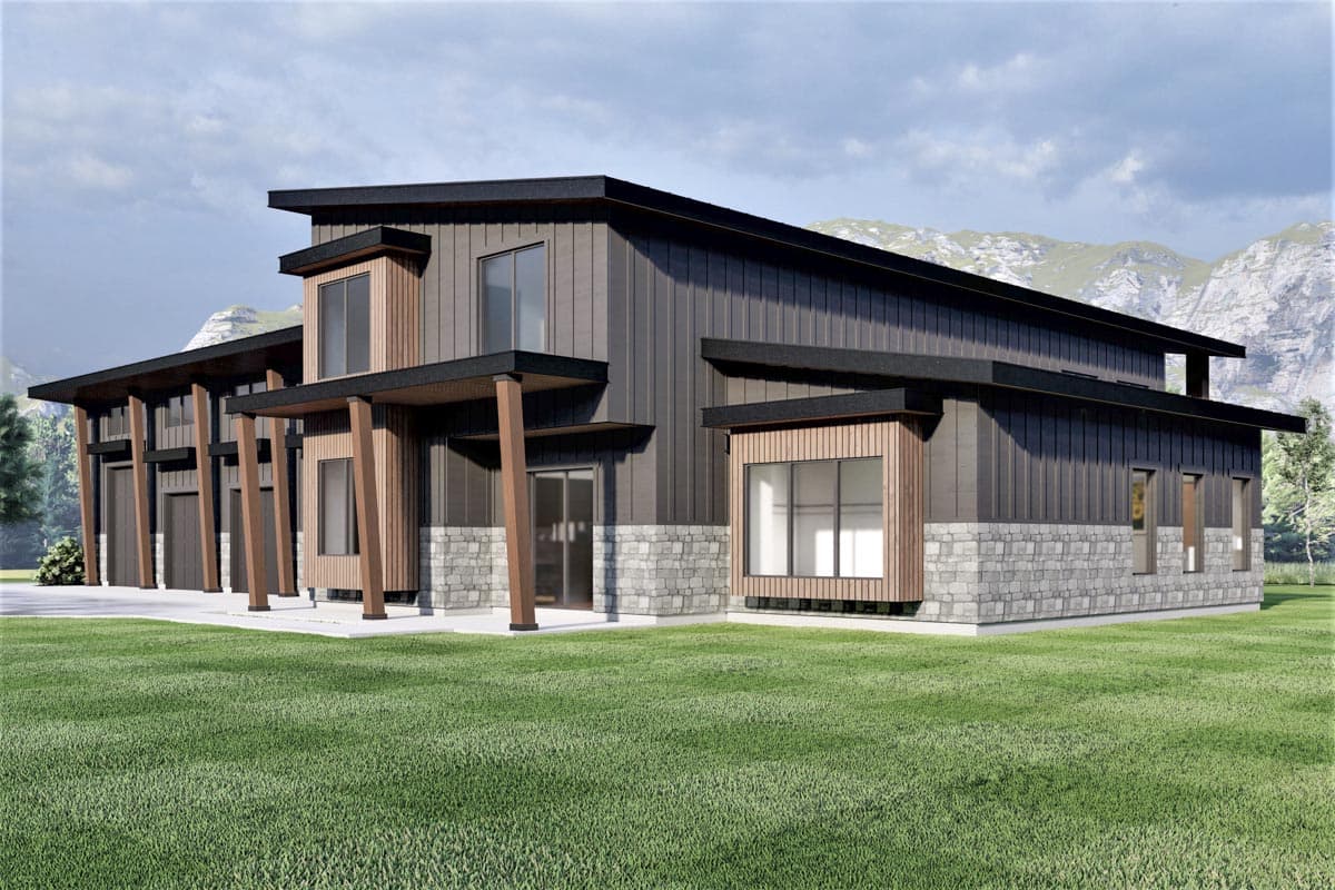 Modern house plan exterior with multiple gables, stone base, wood accents, and a covered entry with wood columns.