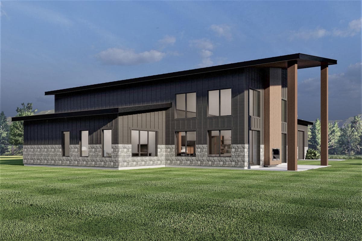 Modern house plan exterior with stone base, dark metal siding, and prominent wooden columns supporting a flat roof.