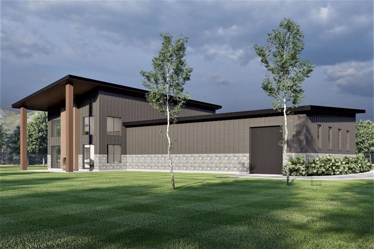 Modern house plan exterior with a low-pitched roof, vertical metal siding, stone base, large windows, and a two-car garage.