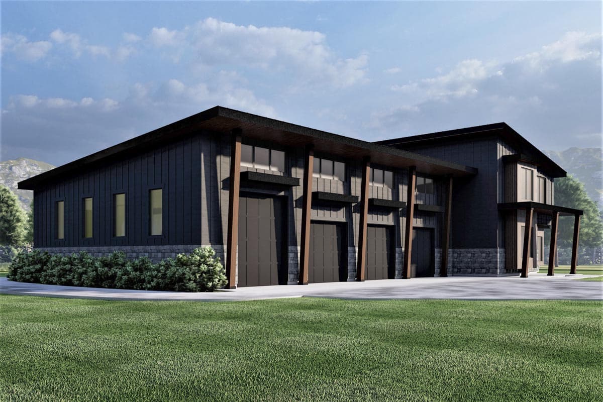 Modern house plan exterior with a dark metal facade, stone base, multiple garage doors, and covered entry.