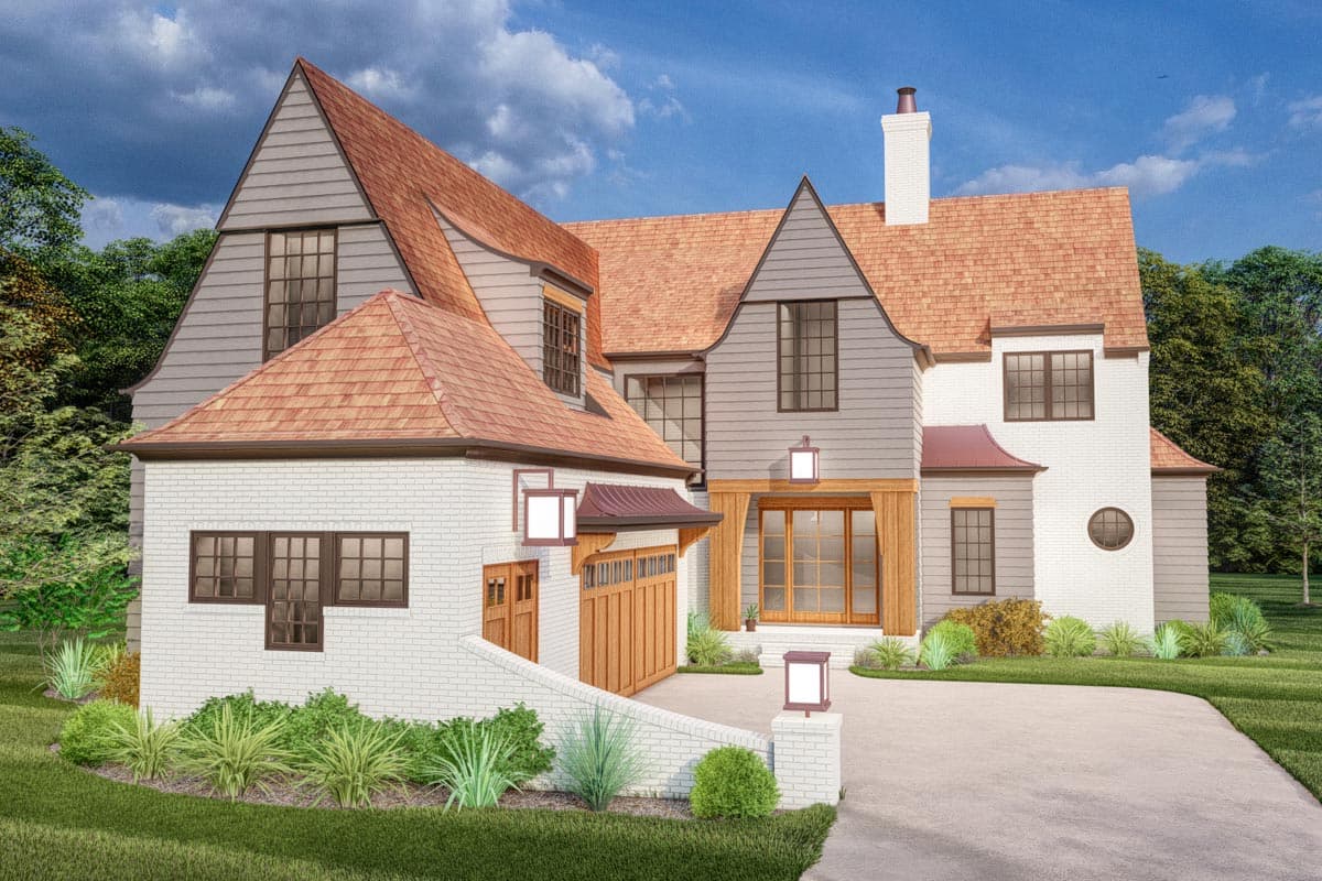 House plan exterior. Two-story with gabled roof, brick facade, and attached garage. Features include wood accents and multiple dormers.