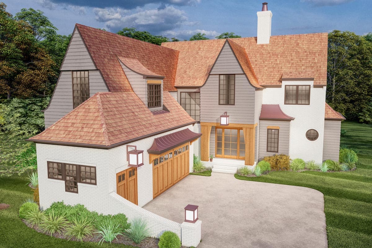 House plan exterior: Two-story home with gabled dormers, prominent rooflines, side-entry garage, and brick facade.