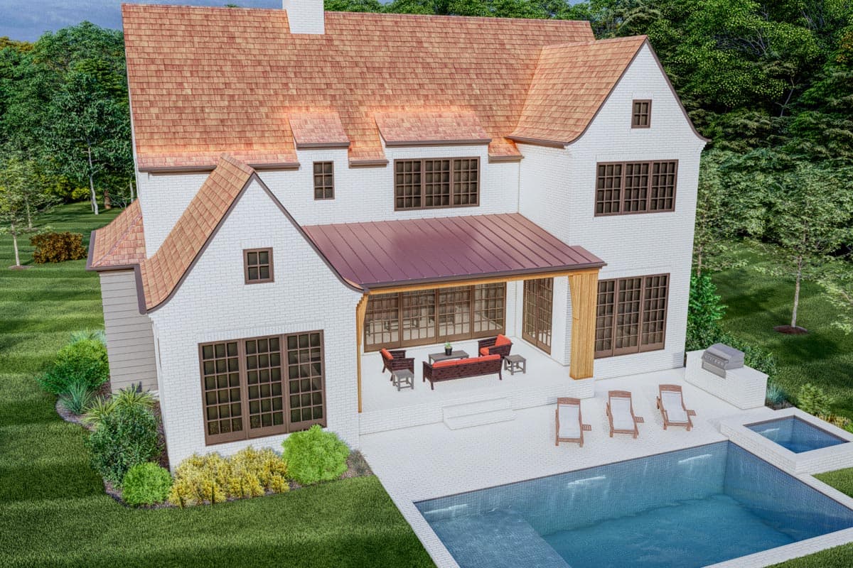House plan exterior: Two-story white brick house with gabled roof, dormers, covered patio, and pool.
