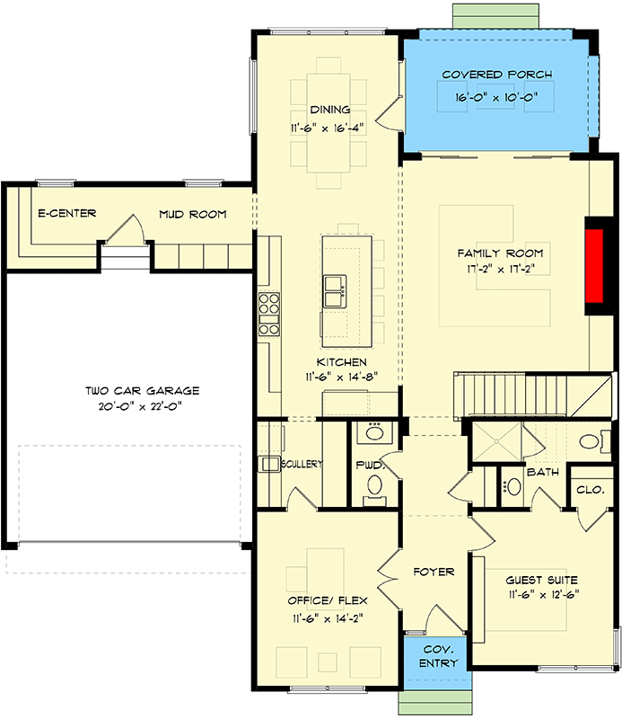 Plan 93165EL: Exclusive Contemporary Home Plan with Game Room and E-Center - Floor Plan - Main Level - Contemporary, Mid Century Modern, Modern, Northwest, Prairie