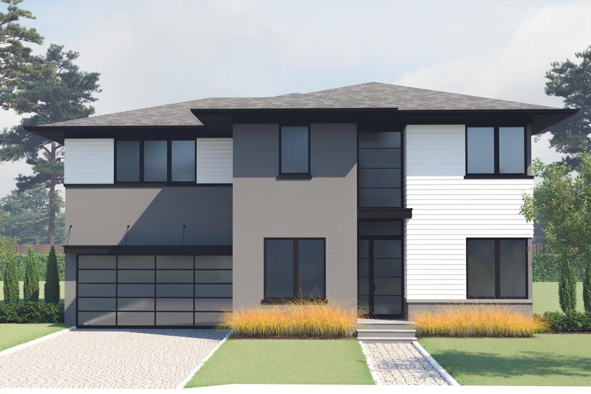 Two-story modern house plan exterior with flat roof, mixed materials, and a two-car garage.