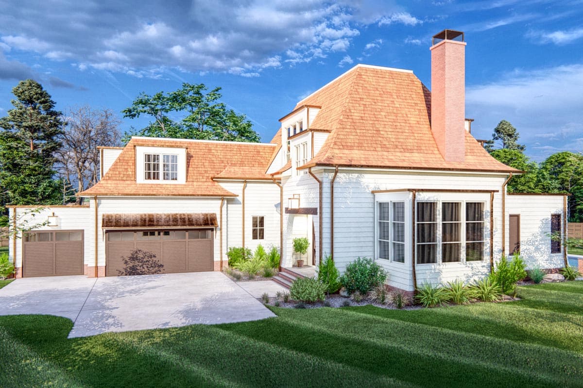 House plan exterior with white siding, hip roof, dormer, bay window, and attached two-car garage.