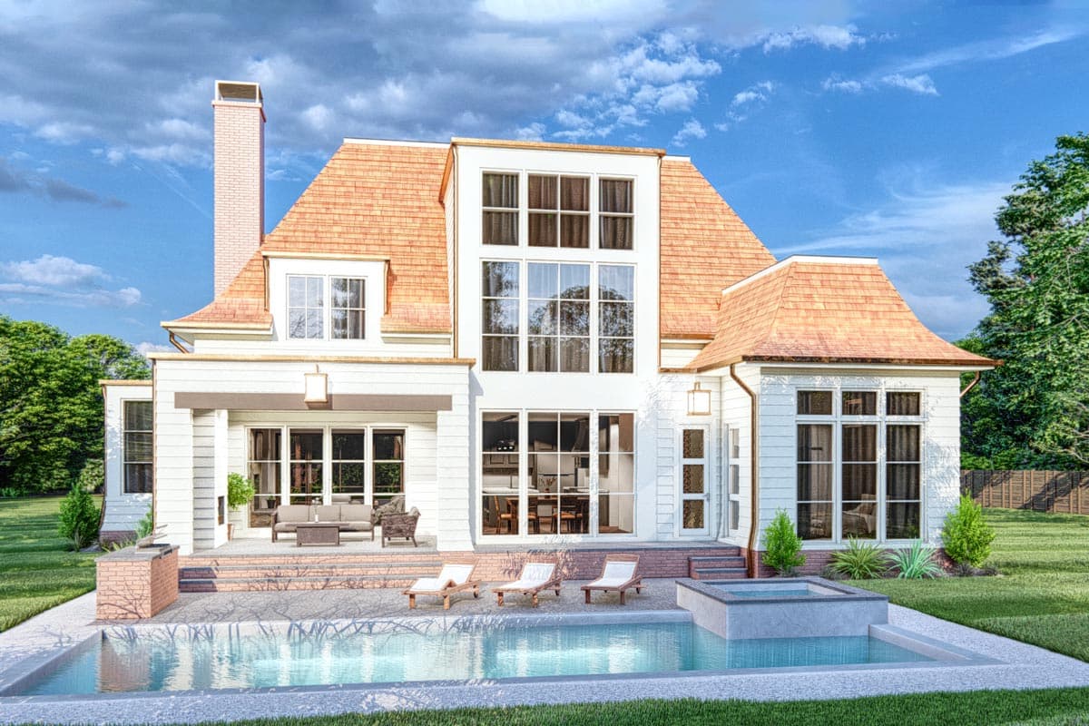 House plan exterior with a shingle roof, tall chimney, second-story dormer, and large window wall.