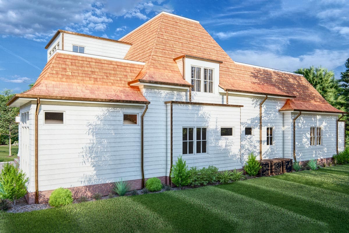 House plan exterior with white siding, cedar shingle roof, dormer window, and copper gutters. Two stories visible.